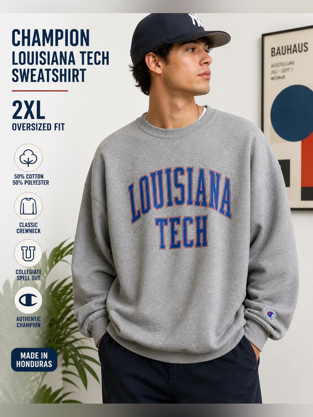 Champion Louisiana Tech Sweatshirt 2XL Gray Crewneck Spellout Oversized College
